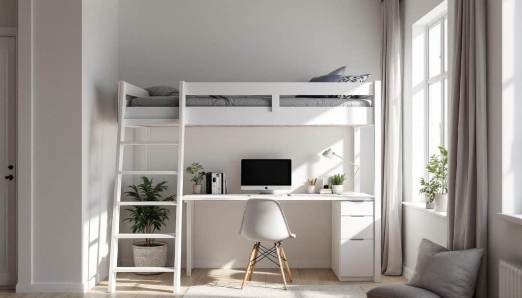 lit mezzanine blanc avec bureau intégré, alliant gain de place et style moderne pour optimiser votre espace de vie.