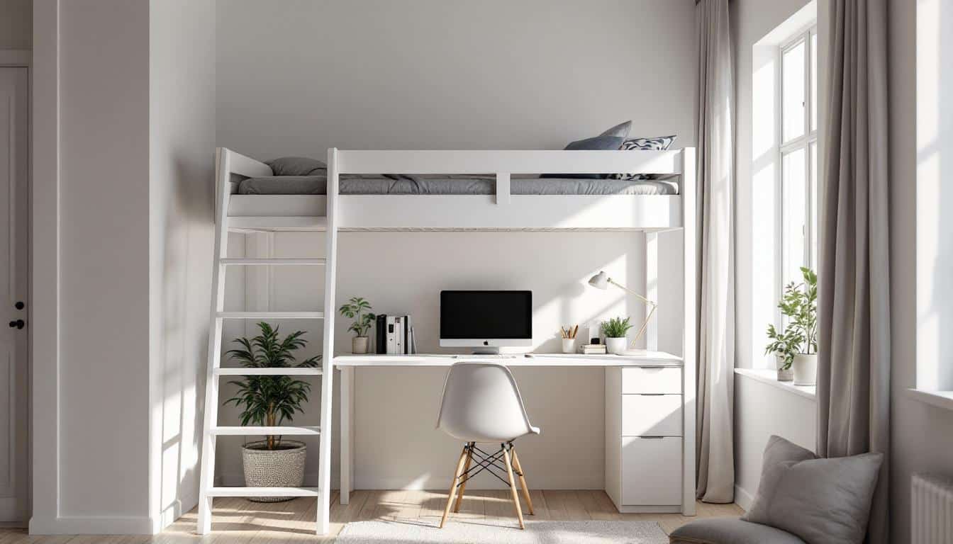 lit mezzanine blanc avec bureau intégré, alliant gain de place et style moderne pour optimiser votre espace de vie.