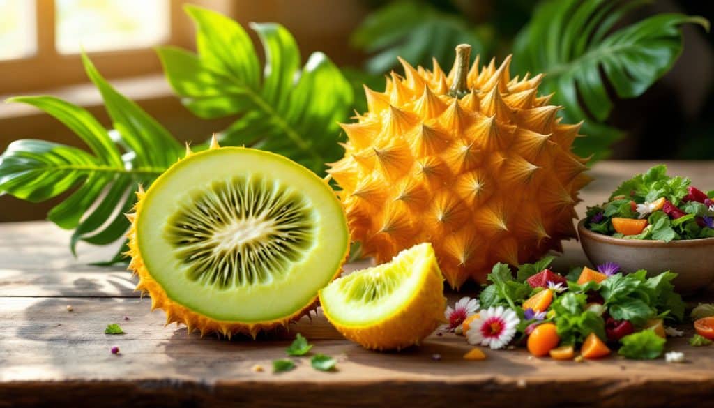 découvrez l'origine du kiwano horned melon, ses bienfaits pour la santé et comment l'utiliser en cuisine pour des recettes savoureuses et originales.